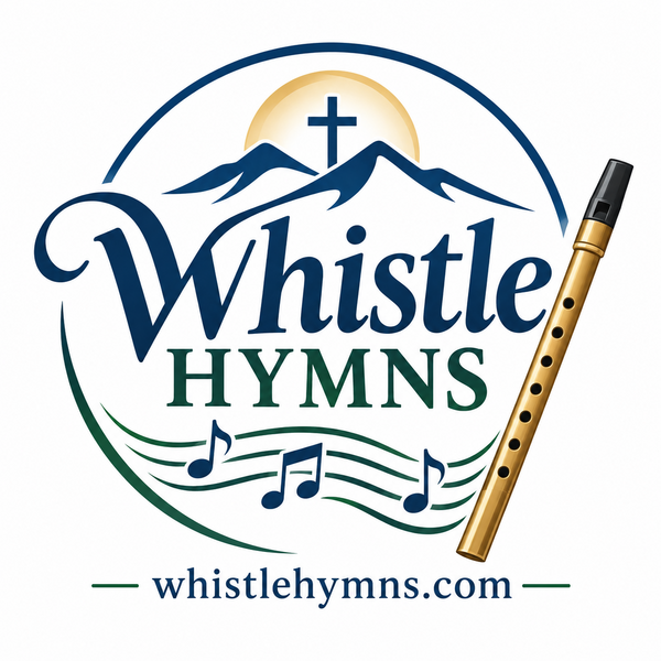 Whistle Hymns emblem with mountains, a cross, musical notes, and a tin whistle